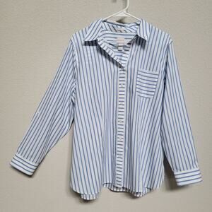 Chicos Button Down Shirt Womens XL 16 Chicos 3 Blue White Striped Casual Classic